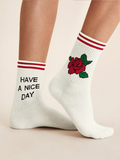 Retro 'Have a Nice Day' & Rose Embroidery Crew Socks