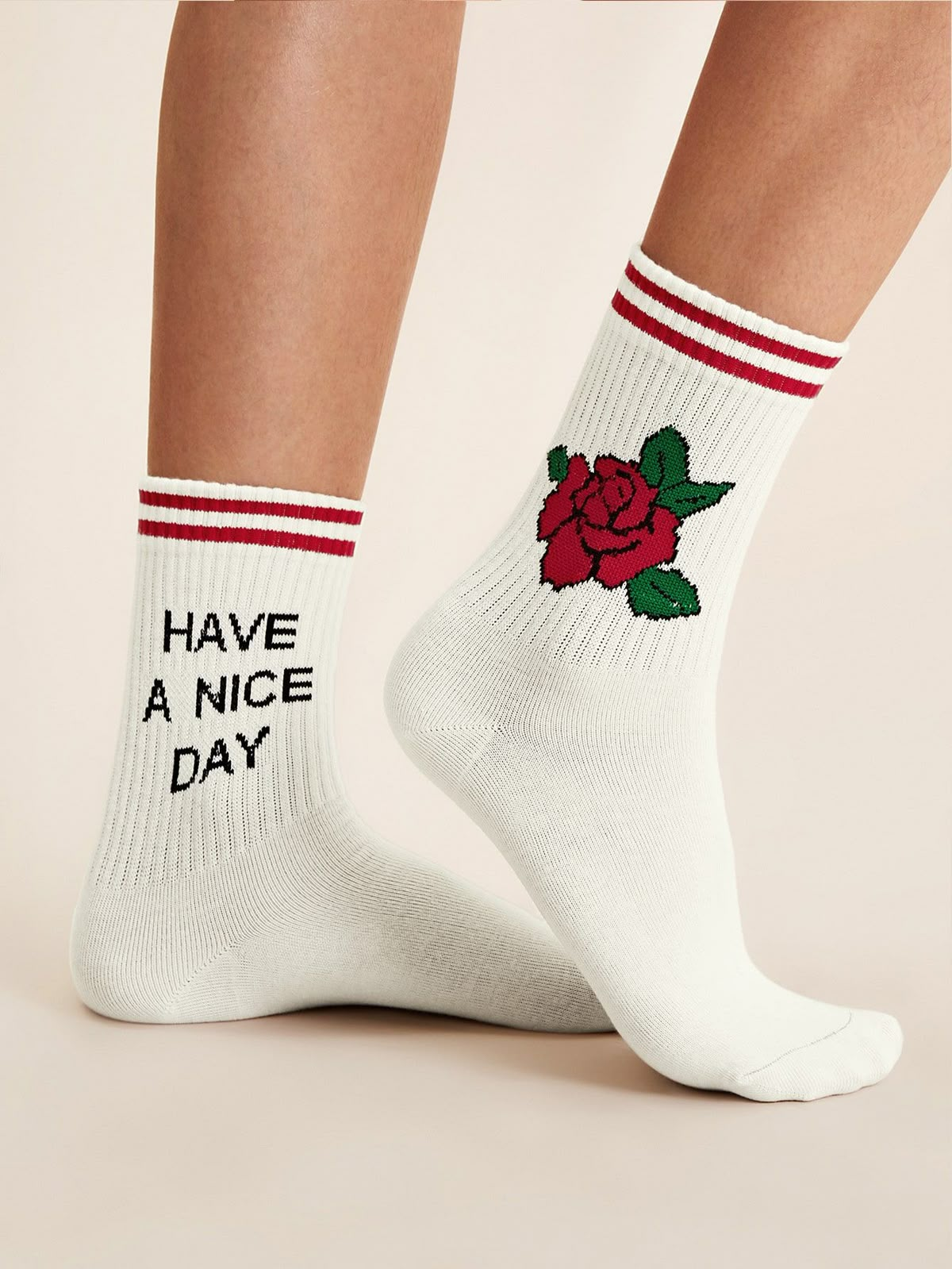Retro 'Have a Nice Day' & Rose Embroidery Crew Socks